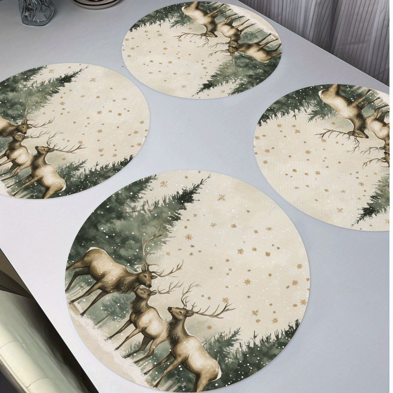 

Jit 4-pack Round Polyester Placemats, Hand Washable Woven Table Mats With Winter Elk Design, 15-inch Non-toxic Mats For Christmas Kitchen Decor