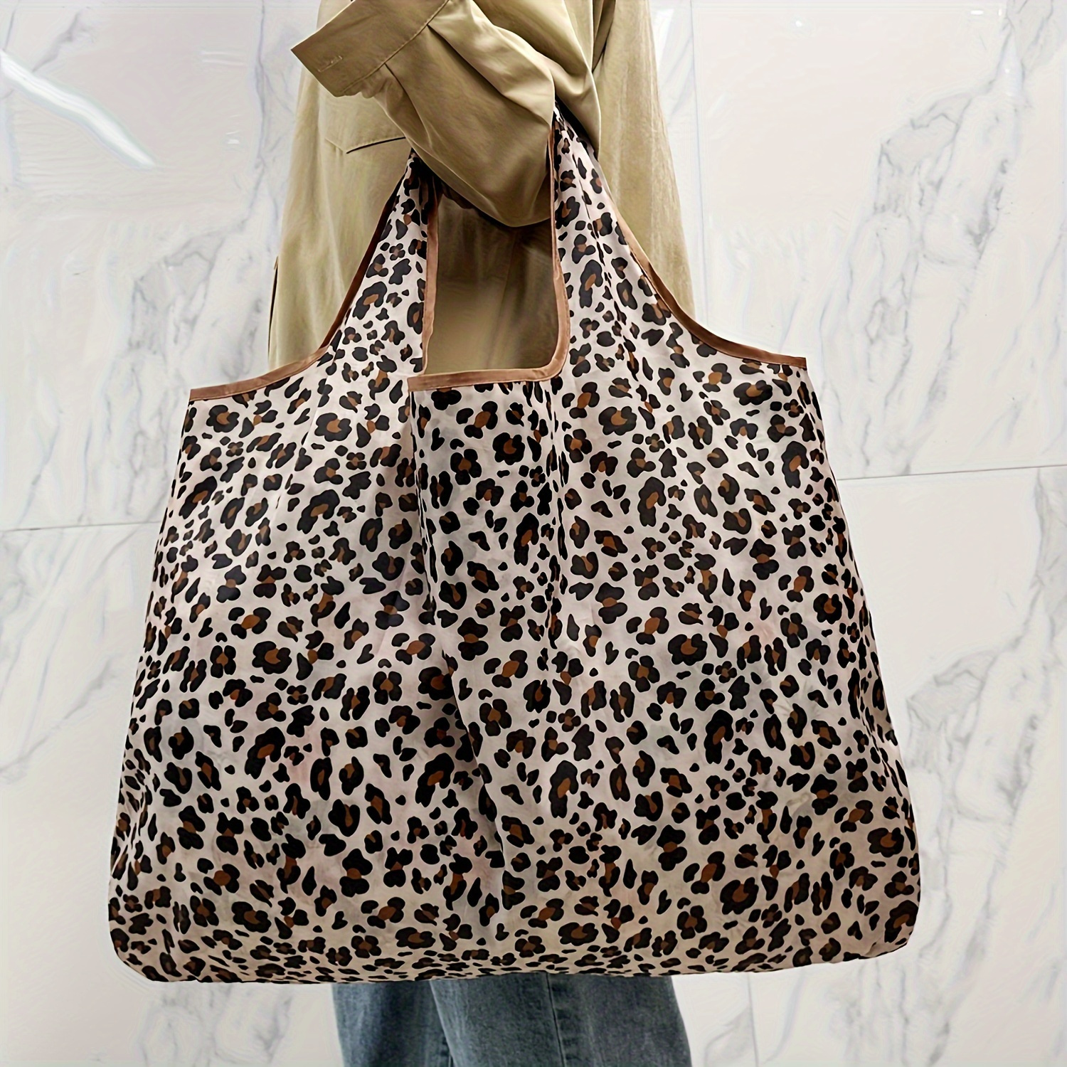 chic leopard print large capacity tote leak proof foldable shoulder bag for shopping dining details 2