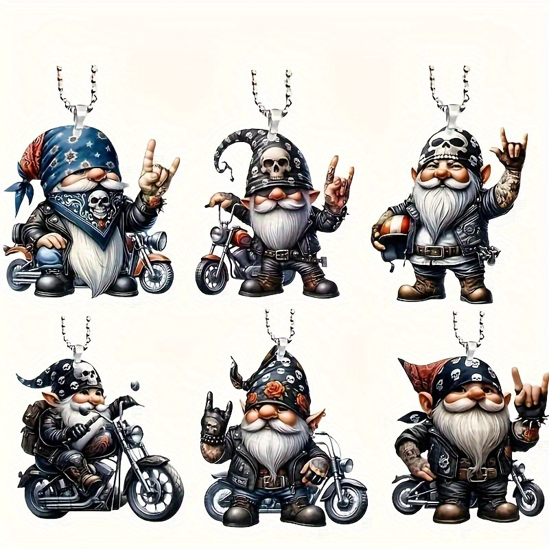 

Lot de 6 Gnomes de Moto Vintage à Suspendre - Décorations de Noël Fantaisie en Acrylique, Porte-clés & Breloques pour Sacs, Pas d'Électricité , Plumes, Parfaits pour Toutes les