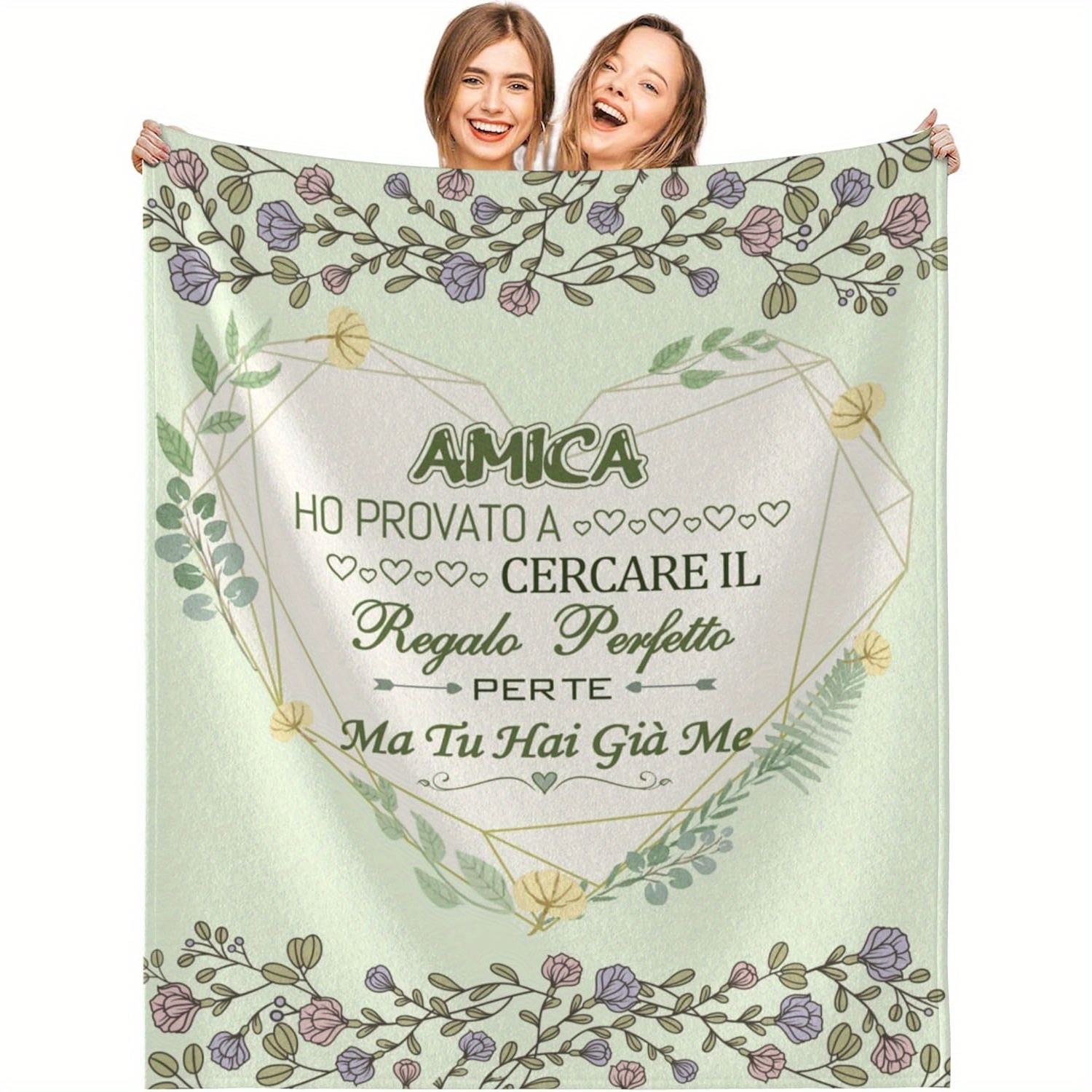 

| Amica Italian Sister Gift Blanket - Soft Flannel Throw With & Floral Pattern, Light Green , Birthdays, Anniversaries, And , Wearable Blanket