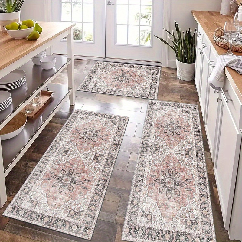 

3pcs Rug Set - Washable, Non-slip Runner Rugs For Living Room, Hallway, Laundry - Vintage European & Persian Style Carpets With Rubber Entrance Mat - Perfect Christmas Decor & Gift