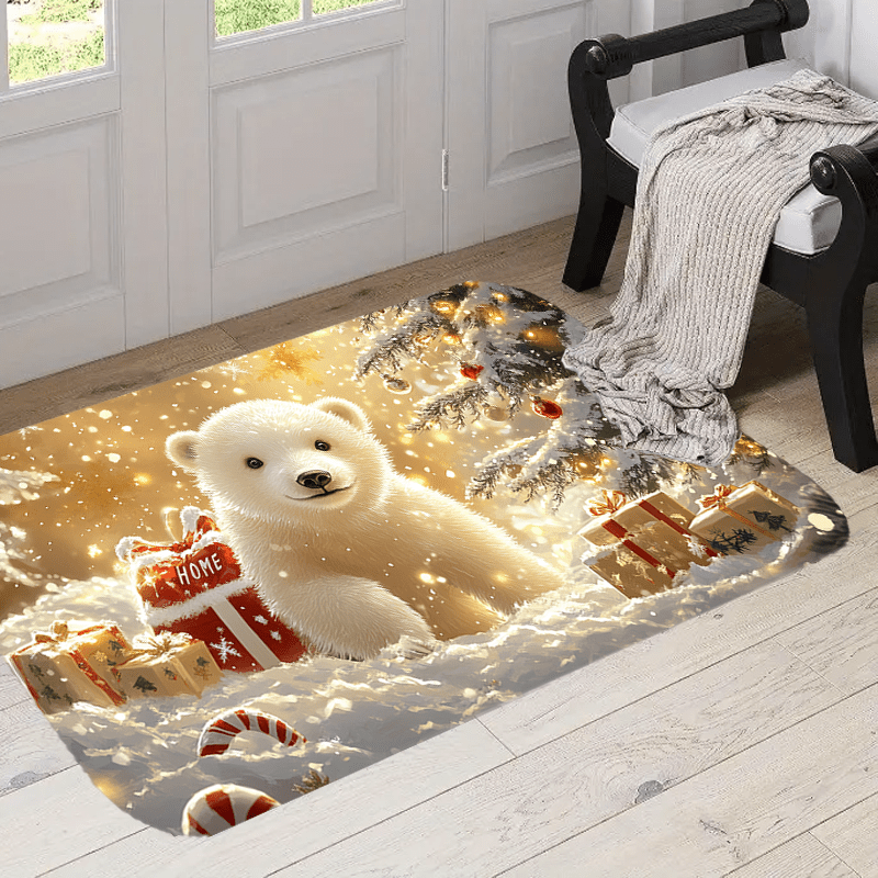 

Festive Christmas Area Rug - Cartoon Polar Bear, Tree & Candy Cane Design With Golden Accents, Machine Washable Polyester Home Decor, Christmas Decor