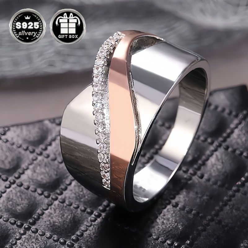 elegant french style 925 sterling silver wide band ring with natural zirconia   brushed   for valentines day wedding and party occasions anniversary   gift for mothers day and christmas july birthstone jewelry details 0