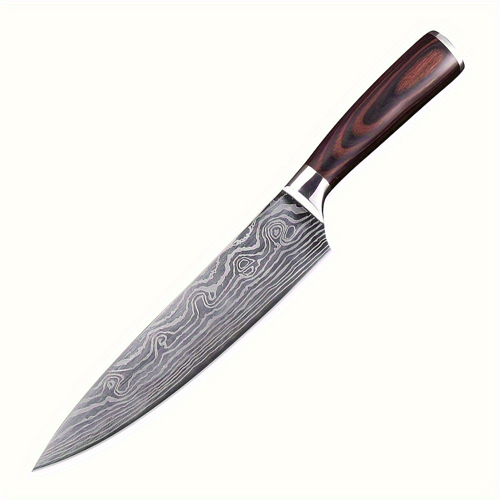 TEMU Knife, 200mm Length, 5cr15mov Stainless Steel, Damascus Pattern, Laminated Wood , Double- Knife, All- Knife, Meat Cutting, , Cutting