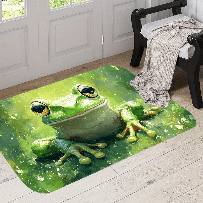 

1pc Frog Cartoon Mat, Green Design, Polyester Door Mat, Machine Washable, Home Decor, Kitchen Accessory, Max Length, No 2.16m² Area