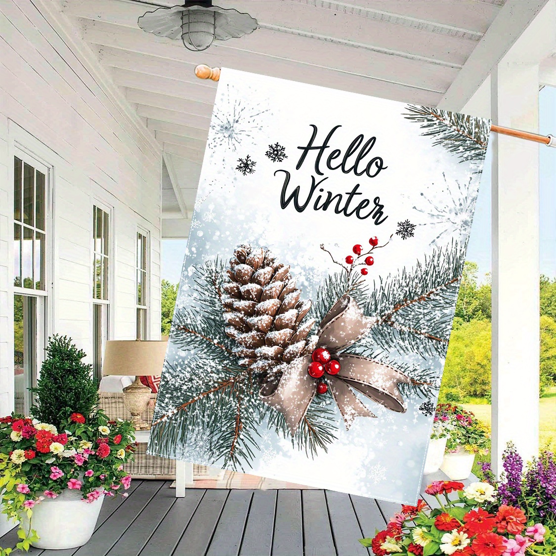 

1pc Double-sided Polyester Garden Flag - "hello Winter" & , Outdoor Holiday Decoration, No Electricity Needed, 28x40 Inches