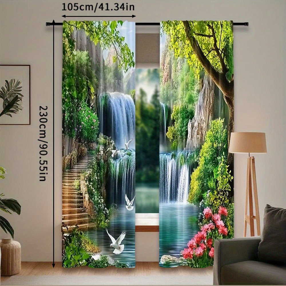 TEMU 2d Flat, 2d Flat Printing 2pcs Beautiful Forest Waterfall Landscape Curtain Curtain Suitable For Bedroom Bathroom Living Room Dining Room Study