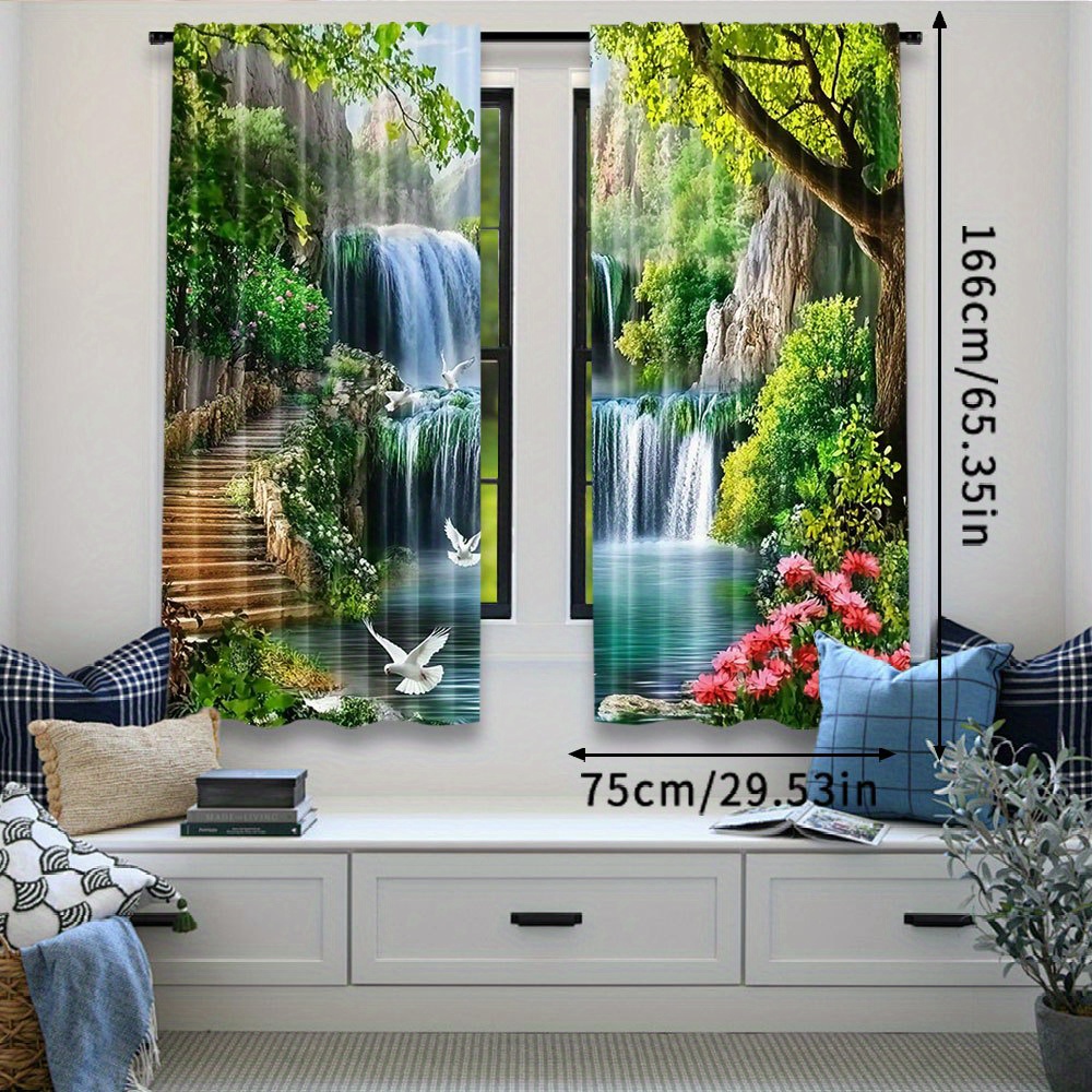 TEMU 2d Flat, 2d Flat Printing 2pcs Beautiful Forest Waterfall Landscape Curtain Curtain Suitable For Bedroom Bathroom Living Room Dining Room Study