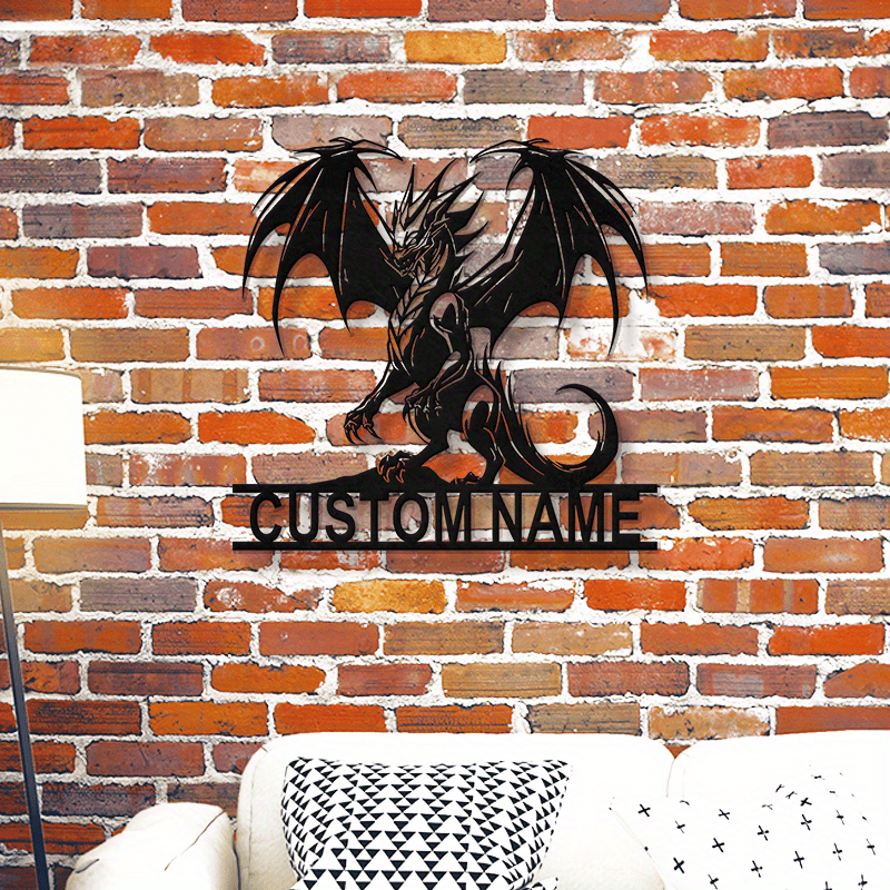 Personalized Dragon Metal Wall Art with Custom Name or Text, Art Deco Style Iron Wall Sculpture for Home and Outdoor Decor, Ideal for Porch and Patio, Unique Christmas Gift for Friends - 1pc