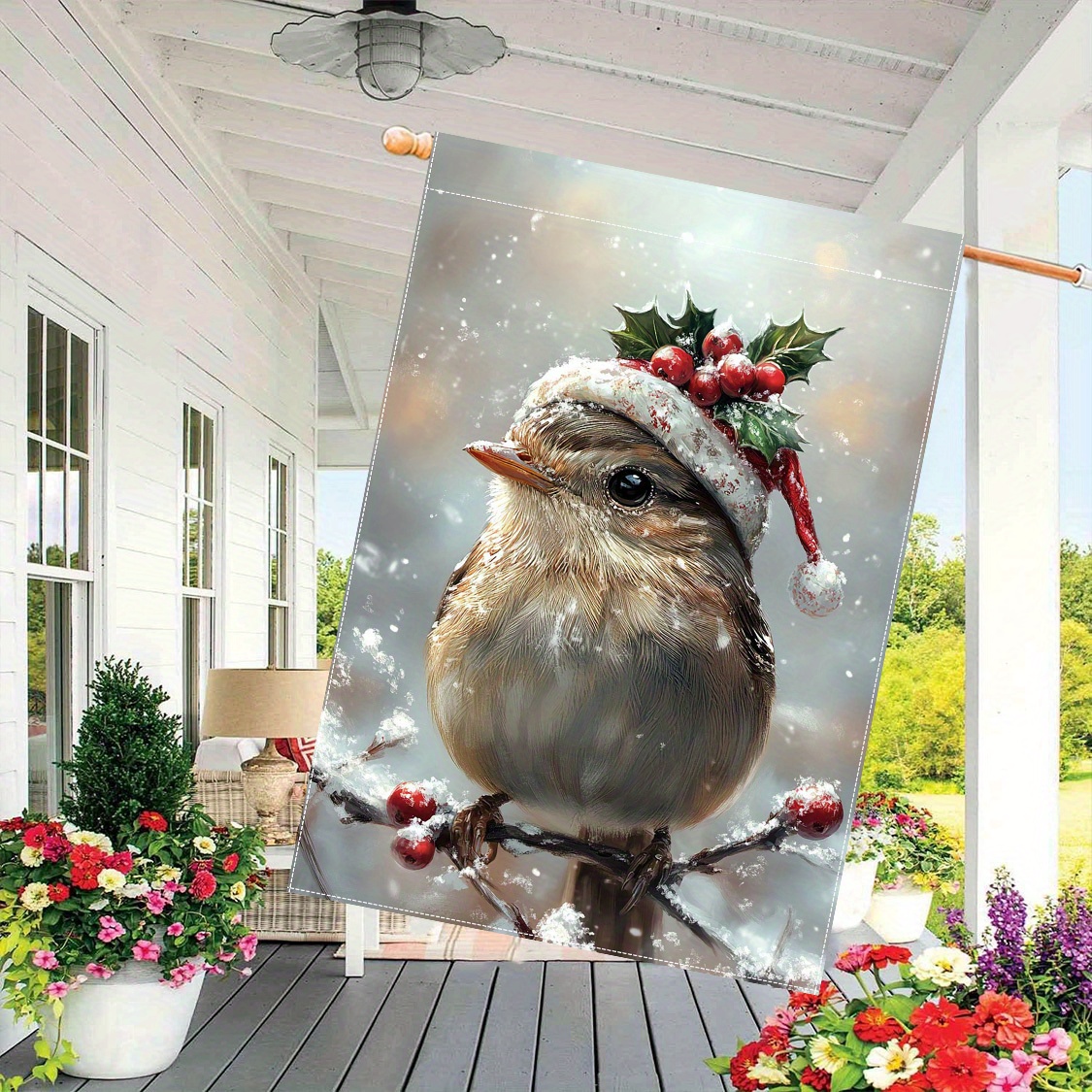 

Merry Christmas Polyester Garden Flag - 28 X 40 Inches, Double-sided Winter Bird With Santa Hat Decorative Flag - , Weather-resistant And Lawn Decoration - 1pc