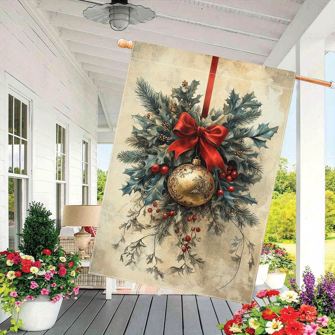 

1pc Merry Christmas Garden Flag 28 × 40 Inches Double-sided With Balls, Green Leaves, Red Berries, Bow Decorations, Polyester For Outdoor Decoration, Lawns, Flags Only