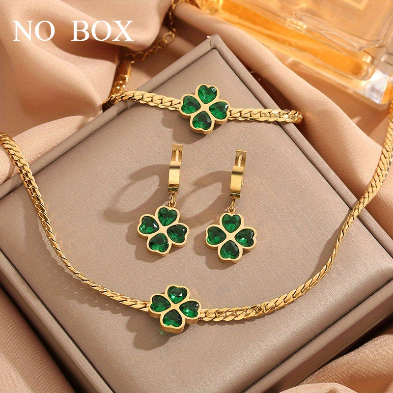 

4pcs Green Pendant Set - Stainless Steel Necklace, Bracelet & Earrings With Cubic Zirconia Accents - Fashionable For Casual Attire &