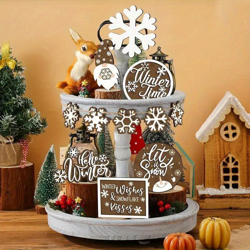 

11pcs Rustic Wooden Winter Tiered , & Ornaments, Farmhouse Centerpiece, Warm Seasonal Home Party Decor