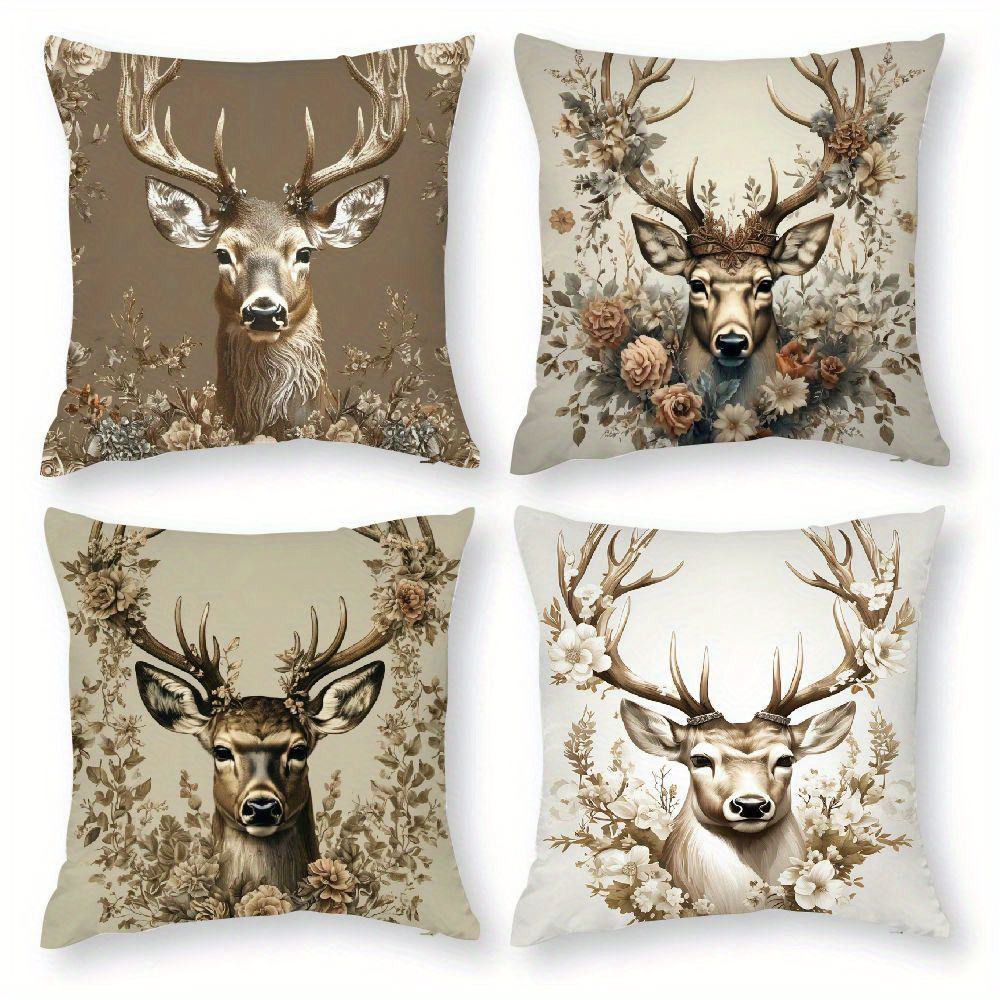 

4pcs Set Stag Throw Pillow Covers - Soft Plush, Zip Closure, Machine Washable - Living Room & Outdoor Decor