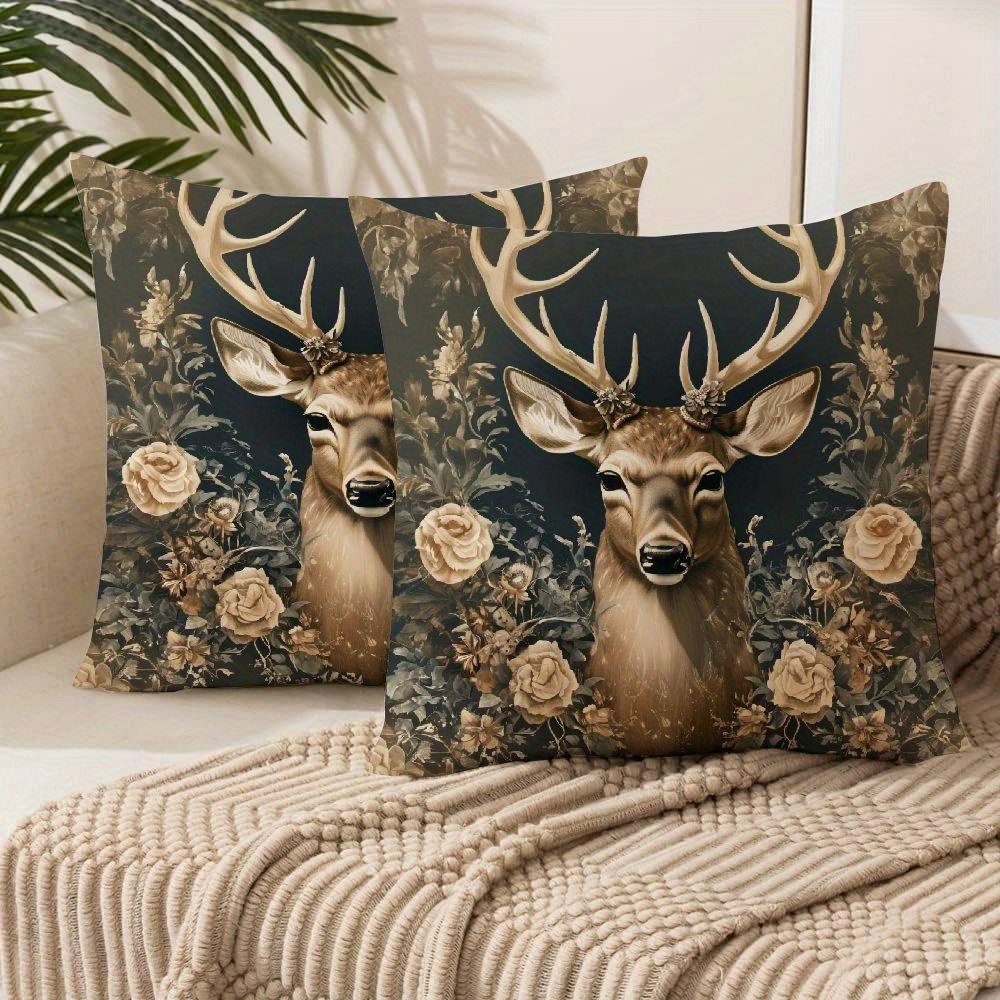 

2pcs Style Stag Pillow Covers Contemporary Style - Woven - Partially - Zipper Closure - Synthetic Material For Living Room, Outdoor