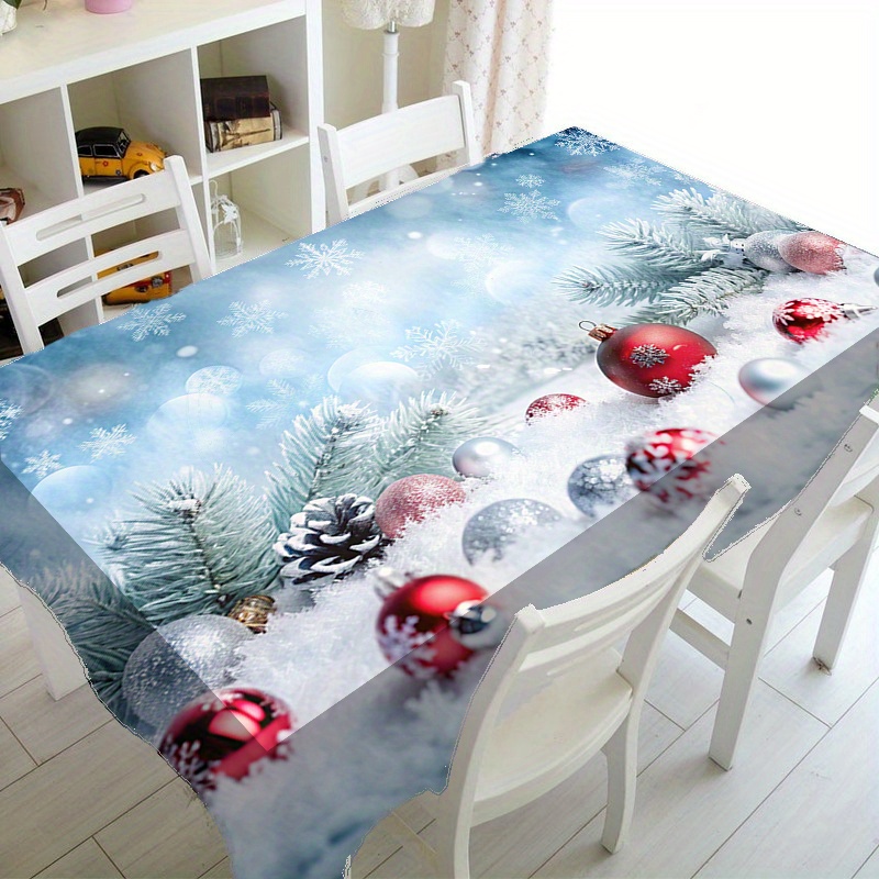 

1pc Christmas Tablecloth - Polyester Rectangular Table Cover With Snowflakes, Pine Cones, And Red Ornaments Design For Holiday Dining Decor, Machine-woven, Washable