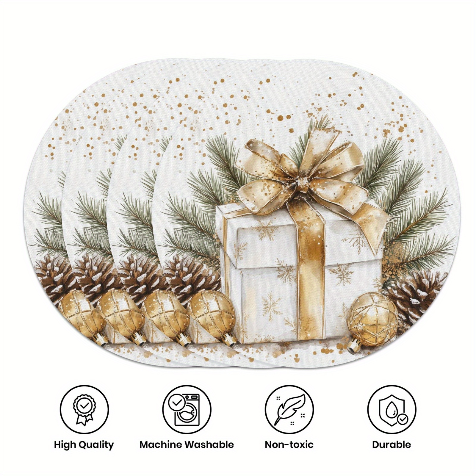 

Christmas Gift Box And Nuts (2) Round Placemats 4pcs 15in Round Place Mat Christmas Gift For Kitchen Dining Table