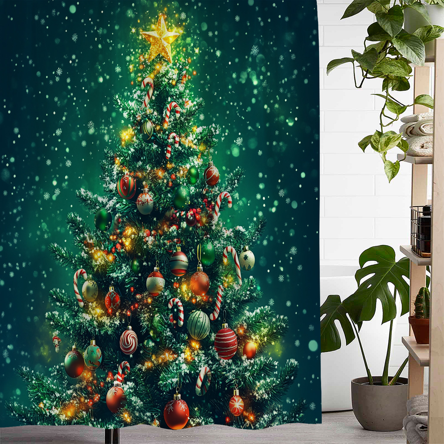 

Open A Set Of Retro Christmas Balls, Stars, Christmas Trees, Waterproof Shower Curtains, Curtains With 12 Hooks Curtain For Windows