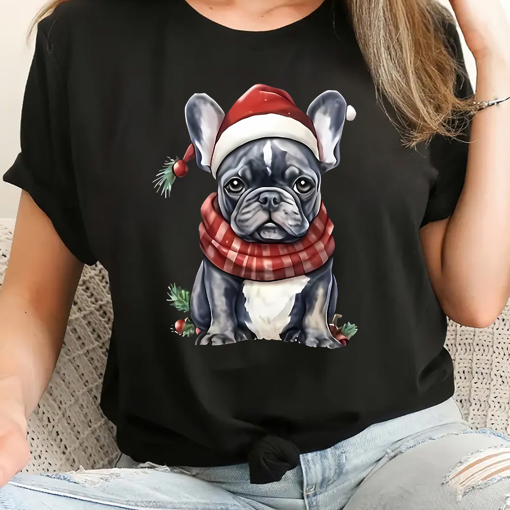 

Women's Christmas Dog Graphic Tee - Casual Crew Neck, Short Sleeve Activewear T-shirt, Breathable Polyester , Machine Washable