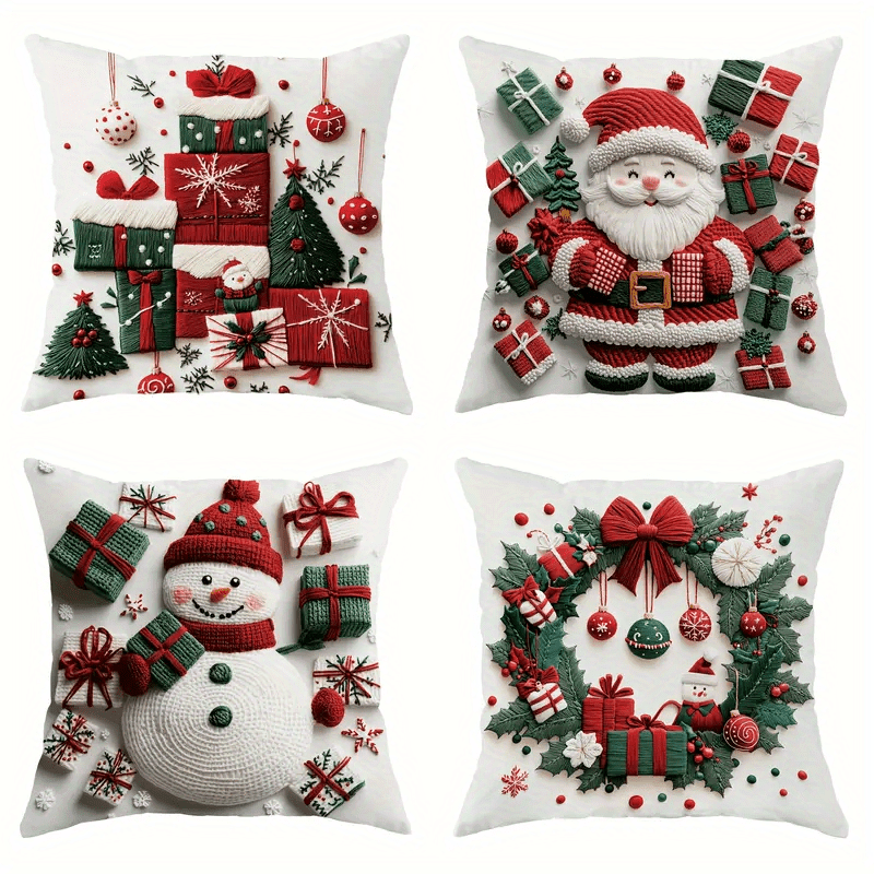 

4-pack Christmas Pillow Covers, White With Santa, Snowman, Gift Decor Patterns, Soft Textured Polyester, Rustic Style, Printed, For Sofa & Bed Cushions, Zippered, Machine Washable