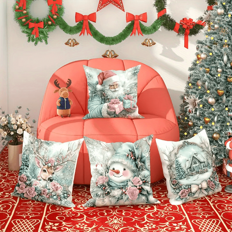 

4pcs, Green And Pink 4pcs Christmas Pillow Covers With Santa Claus, Deer, Snowman, Garland And , A Set Of 4 Pillow Covers, Soft, Comfortable And Textured, Suitable For Sofa, Bed Cushions