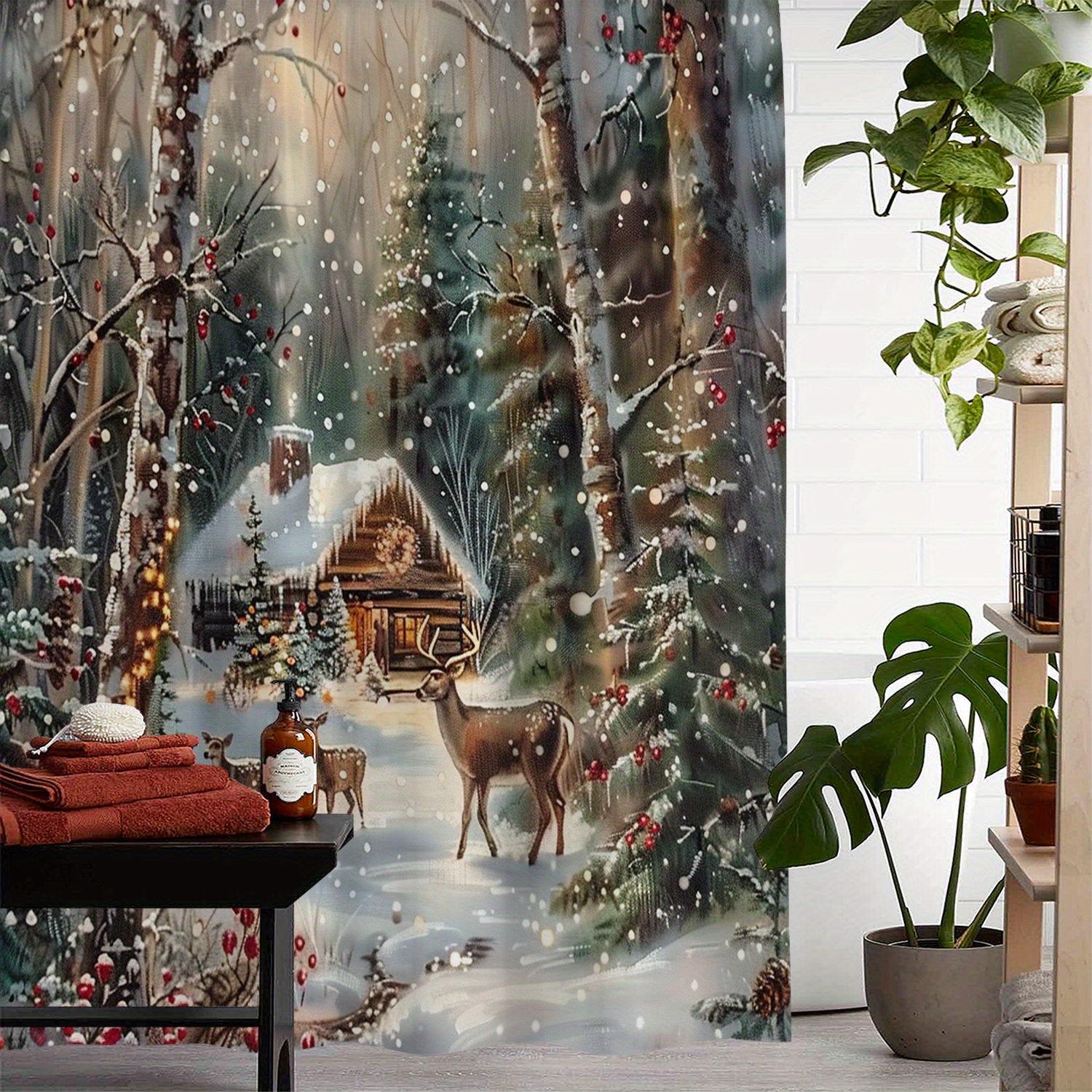 

Winter Snow Scene Woven Polyester Bath With Hooks, Machine Washable, Artistic Water-resistant Bath With Deer And Cabin Print