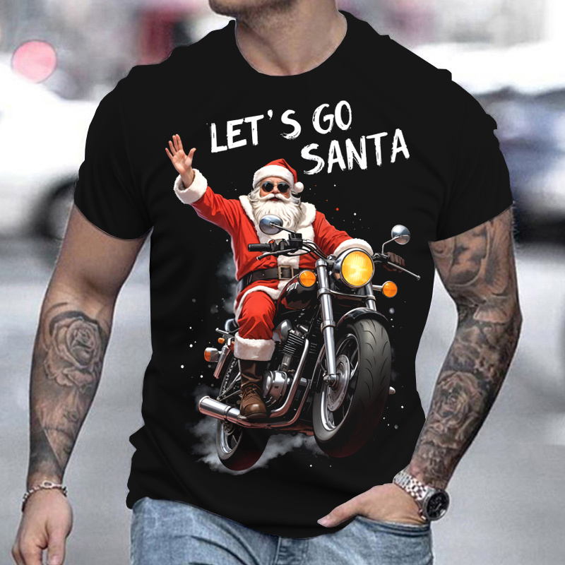 

Christmas Santa Claus Riding Motorcycle Pattern 3d Printed Crew Neck Short Sleeve T-shirt For Men, Casual Summer T-shirt For And Vacation Resorts