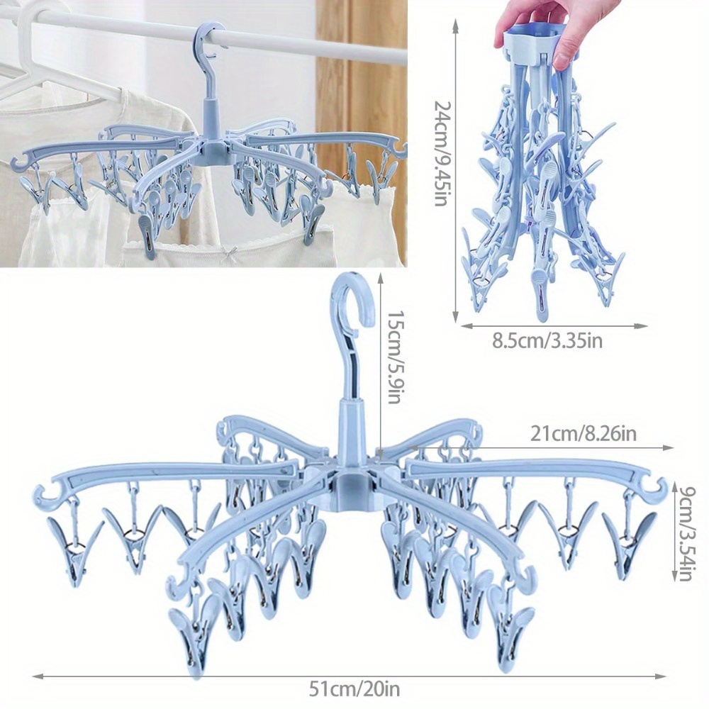 Sock Drying Rack Folding Laundry Clothes Hanger 24 Clips Plastic Rotatable Dryer Clothes Drying Racks Organization For Underwear, Drying Racks