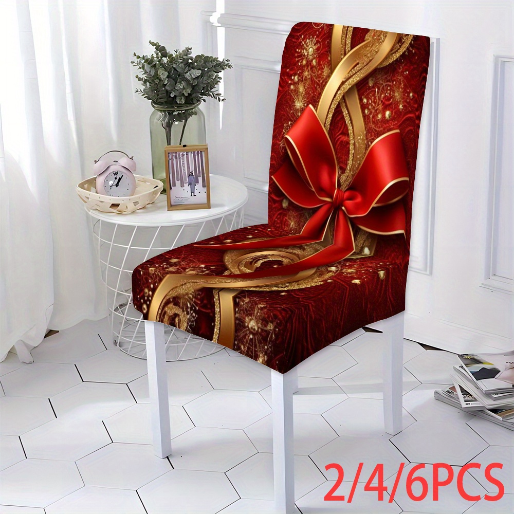 

Christmas Chair Covers Set - Stretchable Polyester Dining Chair Slipcovers With Red And Golden , Machine Washable, Band Closure, Fits Standard Chairs - 2/4/6pcs Pack