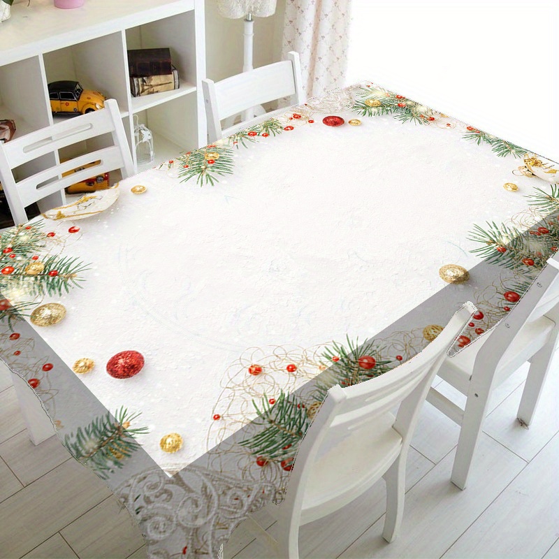 

1 nappe de Noël avec motif sur fond blanc, couleur unie, polyester tissé, fabrication mécanique, rectangulaire, pour la décoration de table de fête et de salle à manger du An.