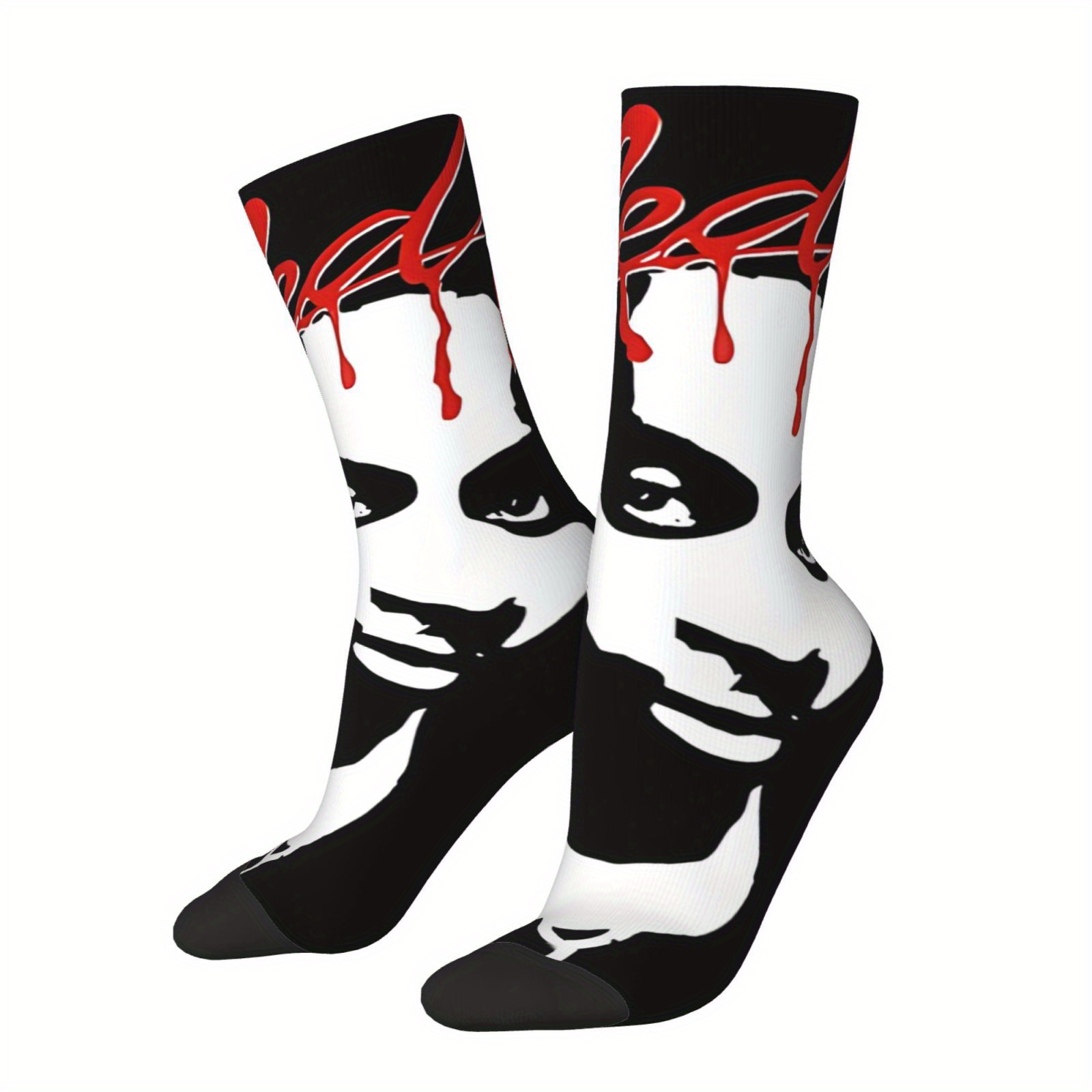 

1 Pair Men's " Red" Carti-inspired Crew Socks - Vintage Hip Hop Style, Novelty Printed Design With Red Graphics, Comfortable Polyester , Perfect Casual Or Gift Wear