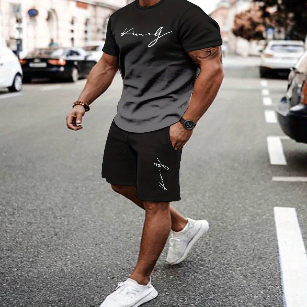 

Men's Summer Casual Sports Outfit, Breathable Knit T-shirt And Shorts Set, 3d Printed, Regular Fit, Polyester With Spandex, Round Neck, Stretch Fabric, Printed Detail, Adult Size