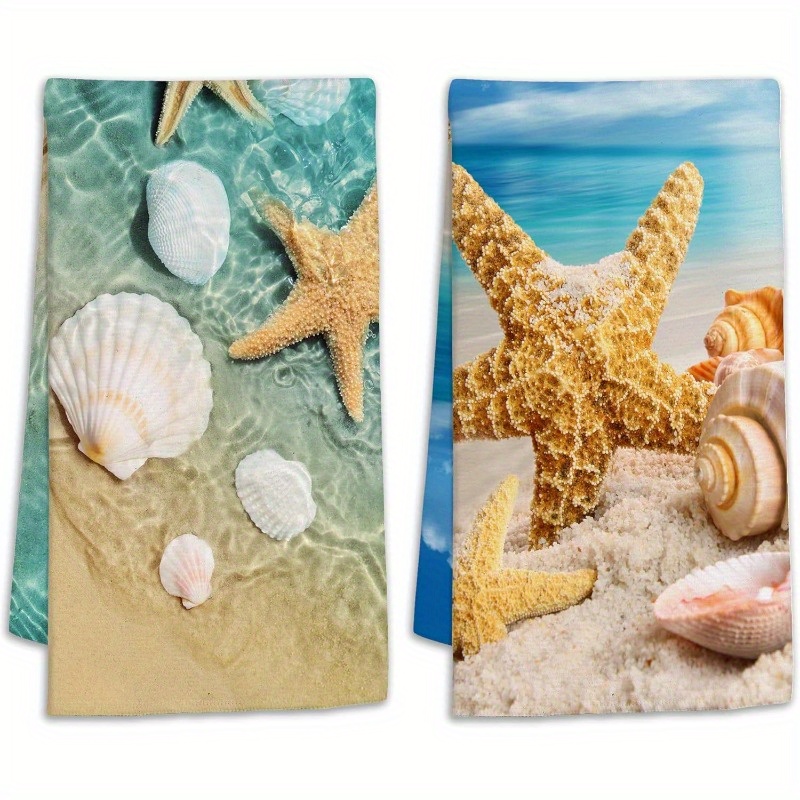 

2pc Starfish & Shells Beach Hand Towels Set, 18x26 Inches, Modern Polyester Kitchen Towels, Soft & Absorbent, Machine Washable, Decorative Bathroom Accessories For Home, Spa, Wedding Gift