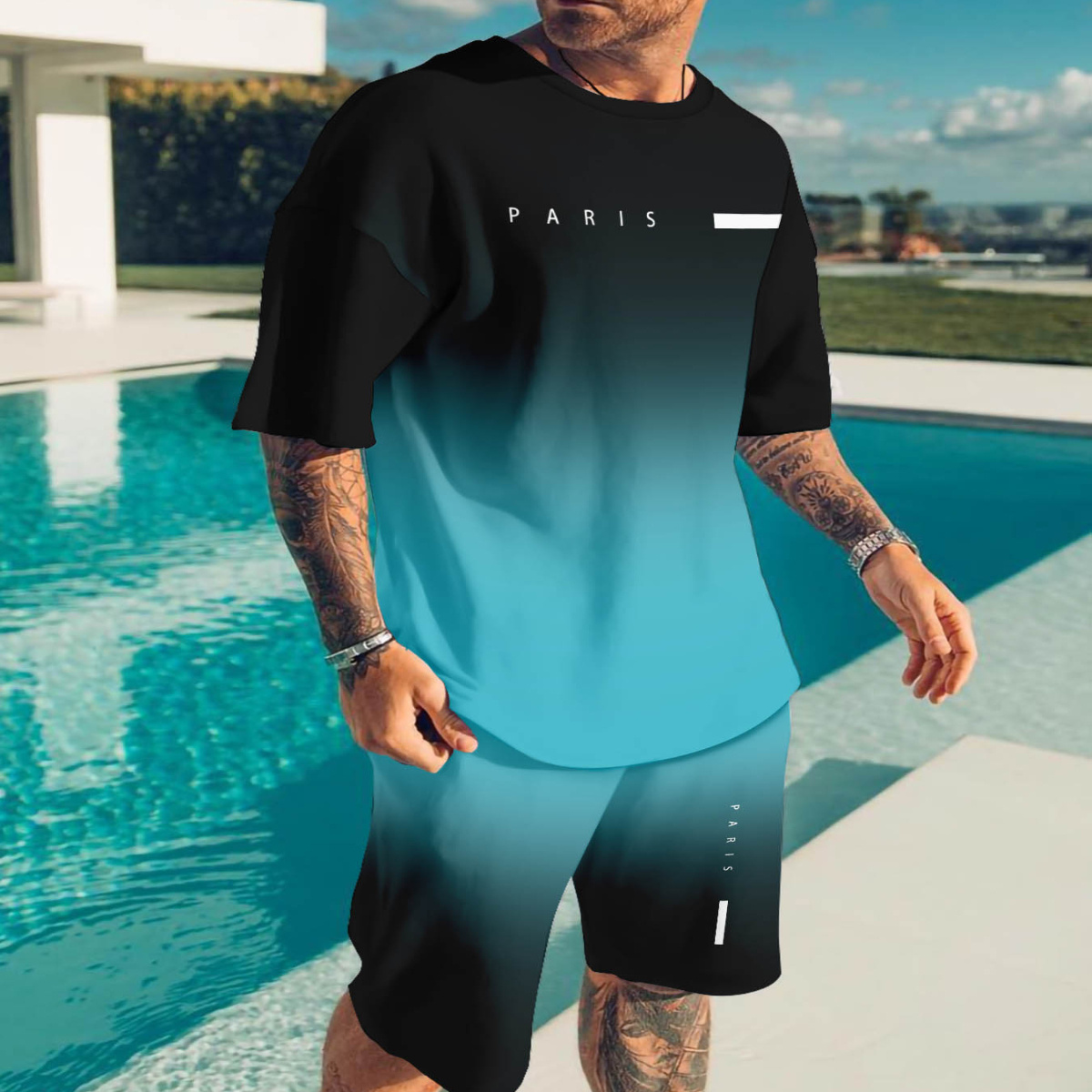

Men's Summer Casual Sports Outfit, Breathable Knit T-shirt And Shorts Set, 3d Printed, Regular Fit, Polyester With Spandex, Round Neck, Stretch Fabric, Printed Detail, Adult Size