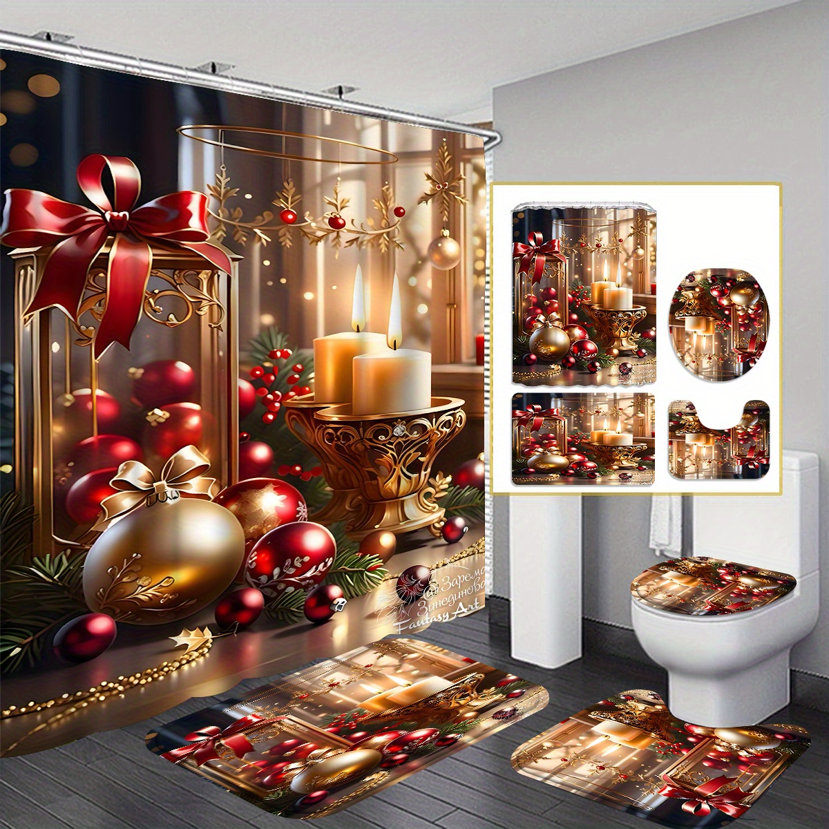 

4 Pieces Of Christmas Print Pattern, Elegant , Shower Curtain, -piece Set With Toilet Floor Mat, , With 12 Hooks - Idea For