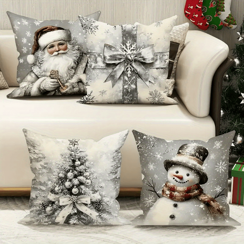 

4-pack Grey And White Christmas Throw Pillow Covers, Santa, Snowman, Tree, Print, Soft Textured Cushion Cases For Sofa, Bed, Contemporary Style, Polyester, Zippered, Machine Washable