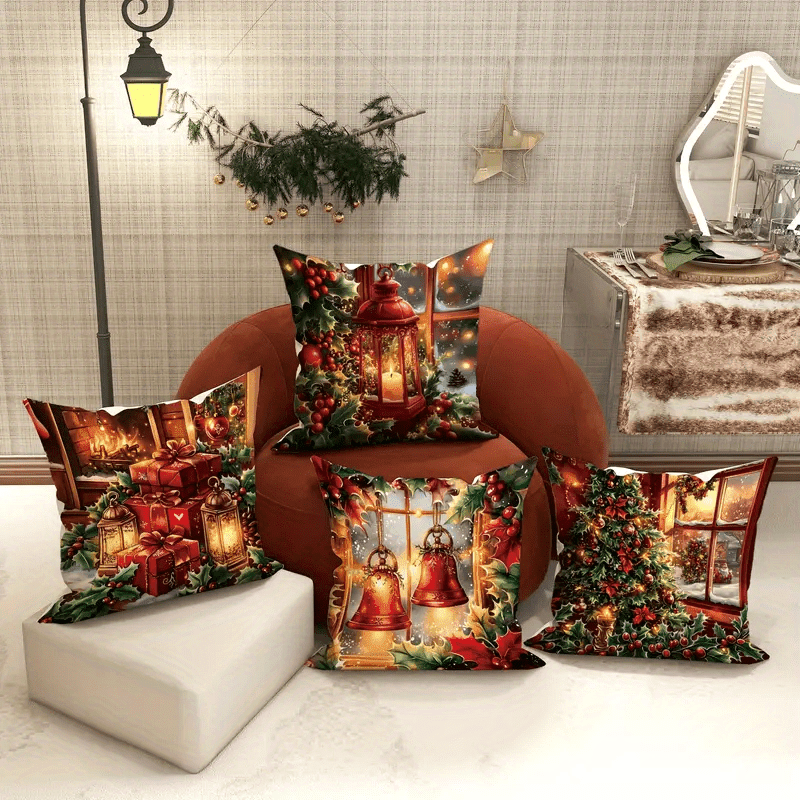 

4pcs, Red 4pcs Set Of Pillow Covers, Christmas Tree, Holly And Bell Velvet Pillow Cover Set, A Set Of 4 Pillow Covers, Soft, Comfortable And Textured, Suitable For Sofa, Bed Cushion