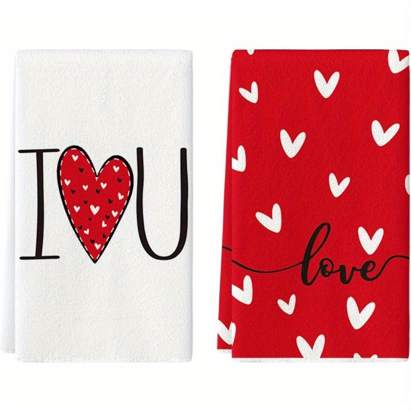 

2pcs 'i Love You' Valentine's Day Kitchen Towels - Luxurious Polyester Dish Cloths With Vibrant Colors, 18x26 Inch, Machine Washable, Quick Drying, And Absorbent For Home Decor And Romantic Gift Ideas