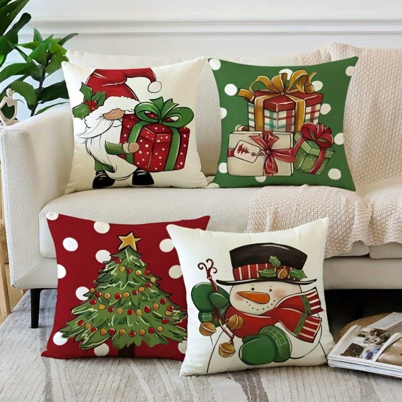 

4-pack Christmas Throw Pillow Covers, 18"x18", Rustic Polyester, Zipper Closure, Machine Washable, Santa, Snowman, Tree & Presents, Vintage Geometric Patterns For Living Room Decor