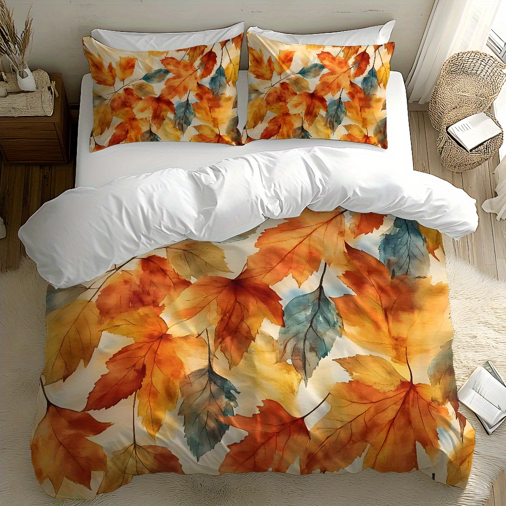 TEMU Parure de lit 2/3 pièces 2D à motif de feuilles aux chauds, housse de couette et taies d'oreiller en tissu brossé ultra- à impression numérique,