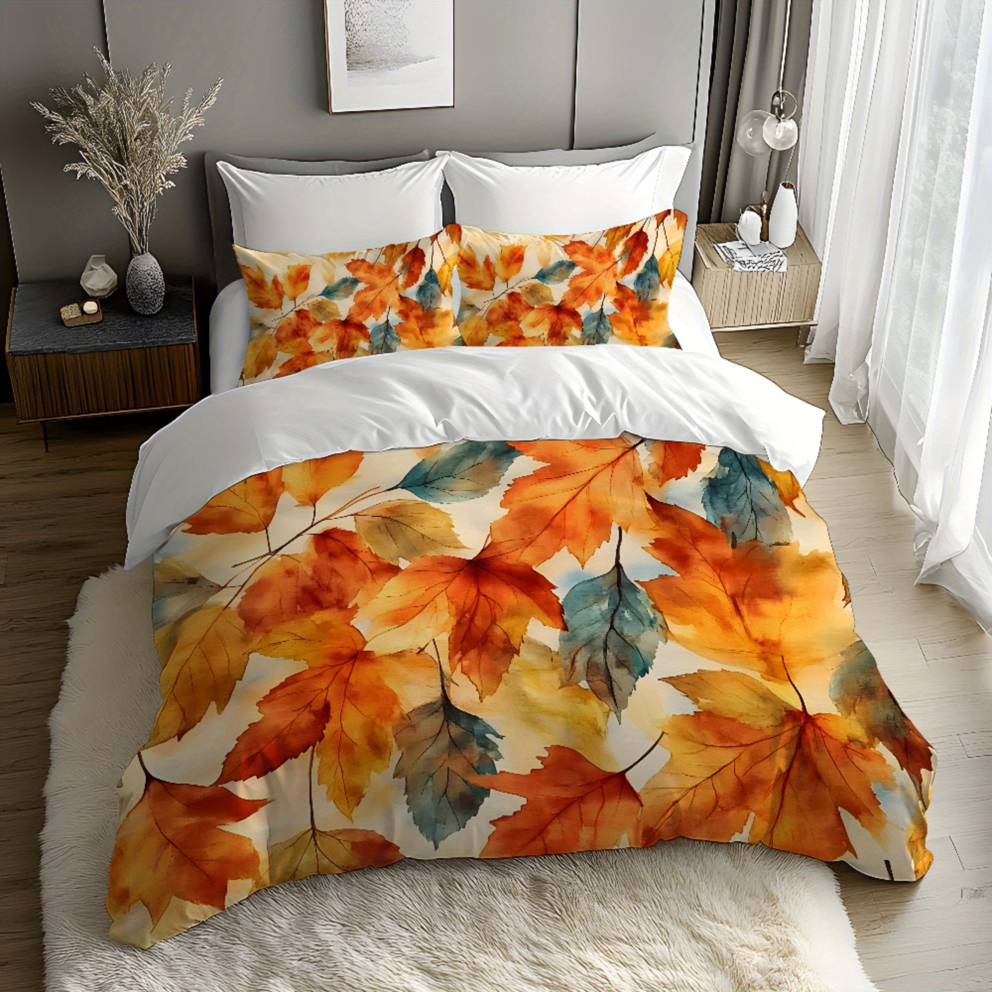 TEMU Set copripiumino e federe /3 pezzi 2D con design a motivo foglie dai toni , spazzolata ultra-morbida, biancheria da letto senza imbottitura,