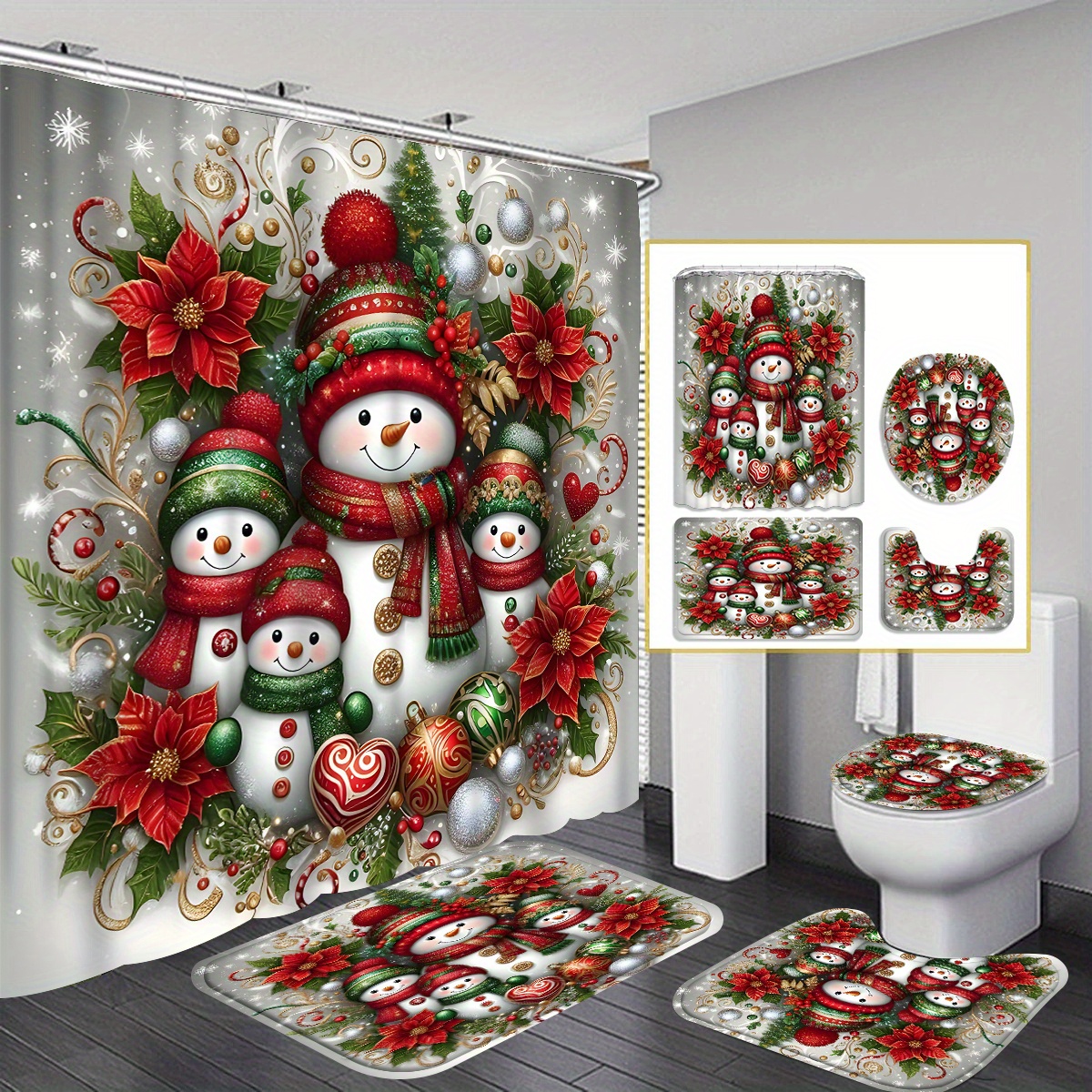 

4 Pieces Of Christmas Print Pattern, Elegant , Shower Curtain, -piece Set With Toilet Floor Mat, , With 12 Hooks - Idea For