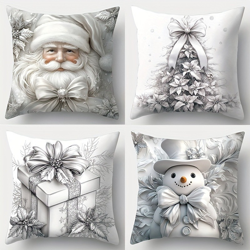 

Vintage Christmas Decorative Throw Pillow Covers Set Of 4, Geometric-, Woven Polyester, Silver And White Prints With Zipper Closure, For Living Room - 18x18 Inches