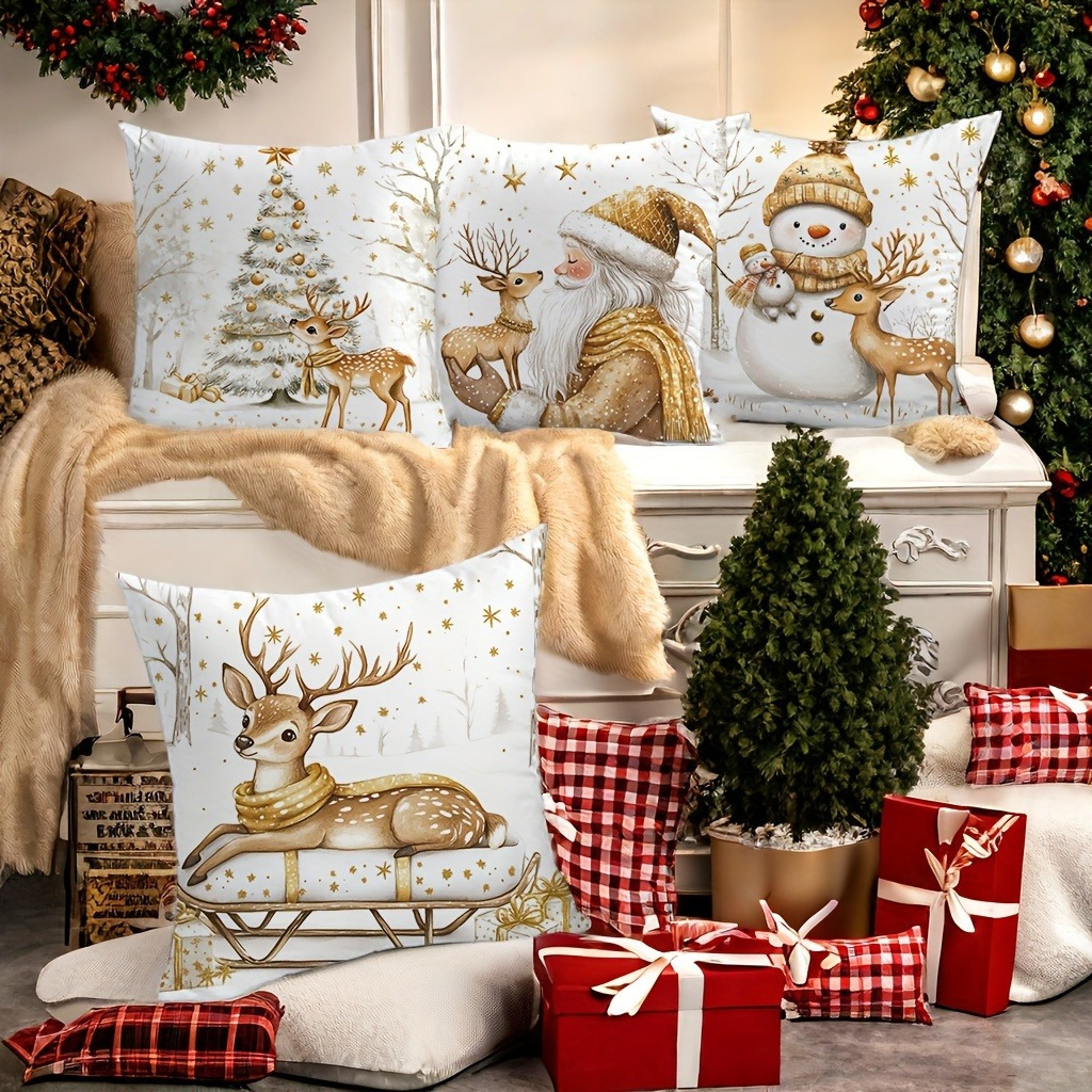 

Christmas Throw Pillow Covers Set Of 4 - 18x18 Inch, Polyester With Zipper Closure - Snowy , Santa, Snowman, Reindeer, And Sleigh Room Decor - Hand Washable (no Inserts)