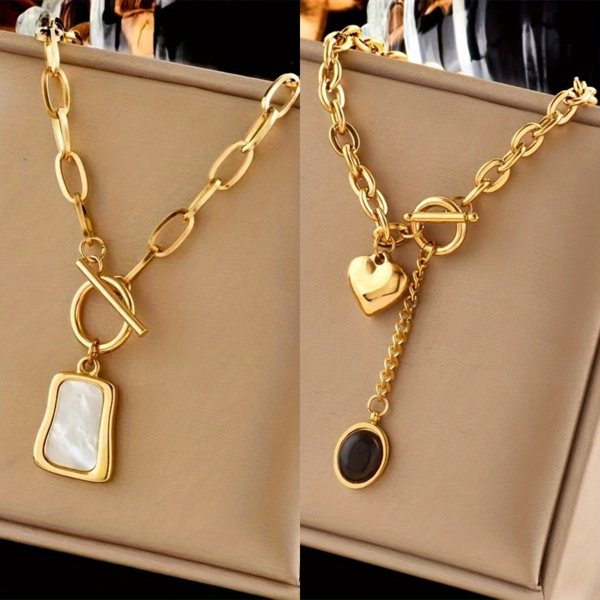 TEMU 2pcs Stainless Steel Jewelry Thick Chain Oval Pendant Ot Necklace Ins Gift French Fashion Casual Daily Commuting Holiday Wear Opp Bag Packaging.