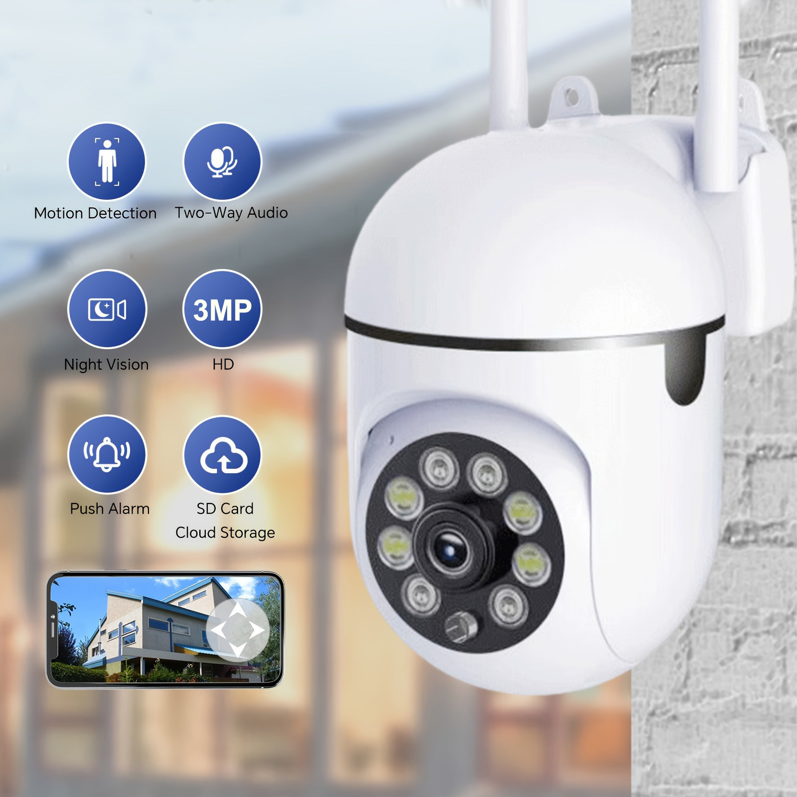     camera with 3mp resolution wifi   auto tracking   night   motion detection 355 horizontal 90 vertical view two way audio   wall mountable panoramic all weather details 1