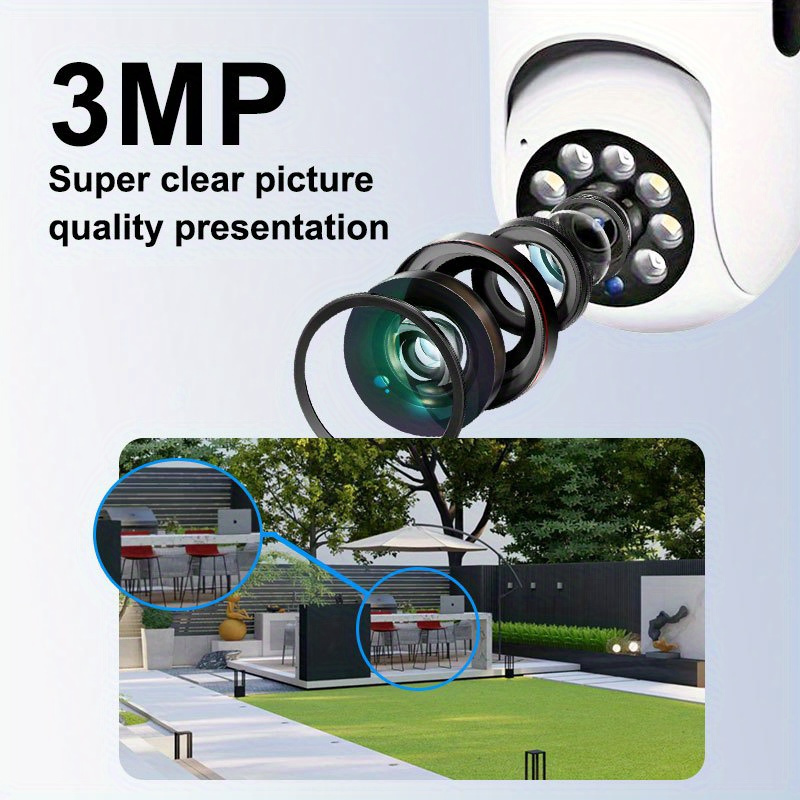     camera with 3mp resolution wifi   auto tracking   night   motion detection 355 horizontal 90 vertical view two way audio   wall mountable panoramic all weather details 9