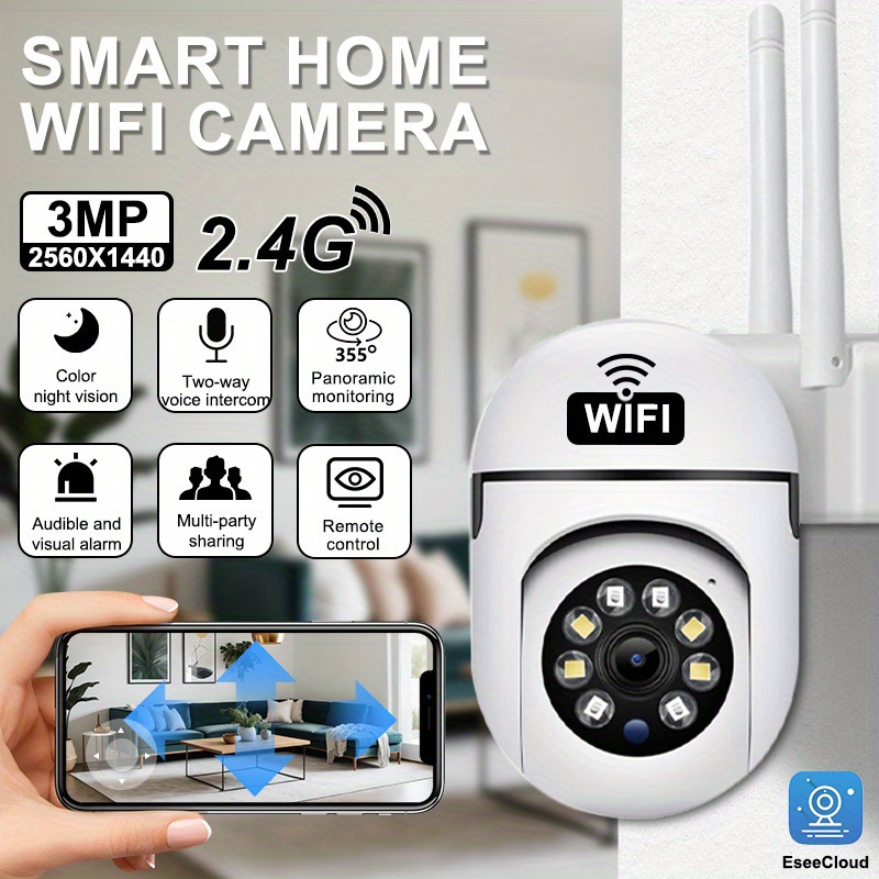     camera with 3mp resolution wifi   auto tracking   night   motion detection 355 horizontal 90 vertical view two way audio   wall mountable details 2