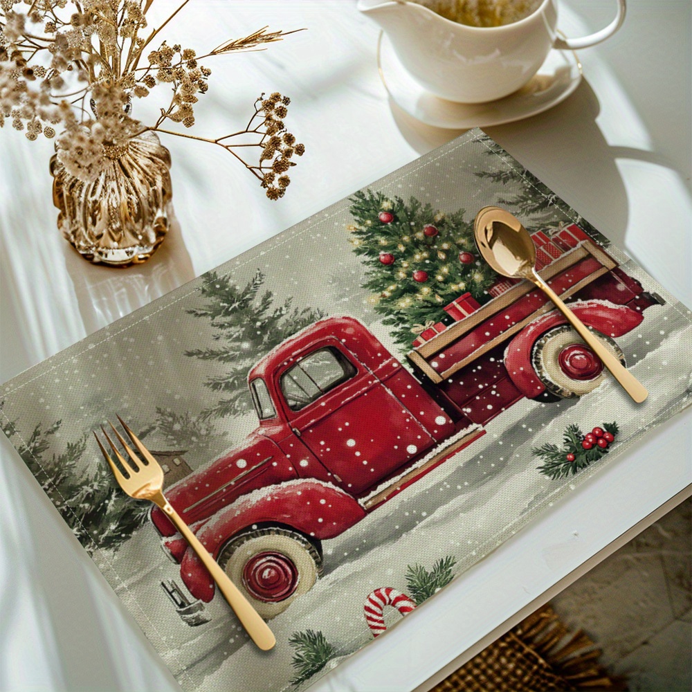 

[jit] 4pcs, Christmas Truck Printed Placemats, Set Of 4 Table Mats, Washable Placemats For Kitchen Dining Table Decoration