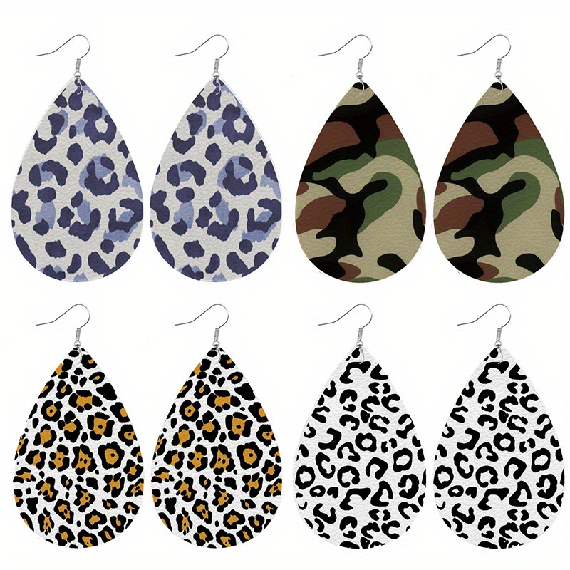 

4 Pairs Of Vintage Boho Leopard Camouflage Print Teardrop Earrings, Faux Leather Drop Dangle Hook Earrings, For Casual, Party & Gifting, All Accessories